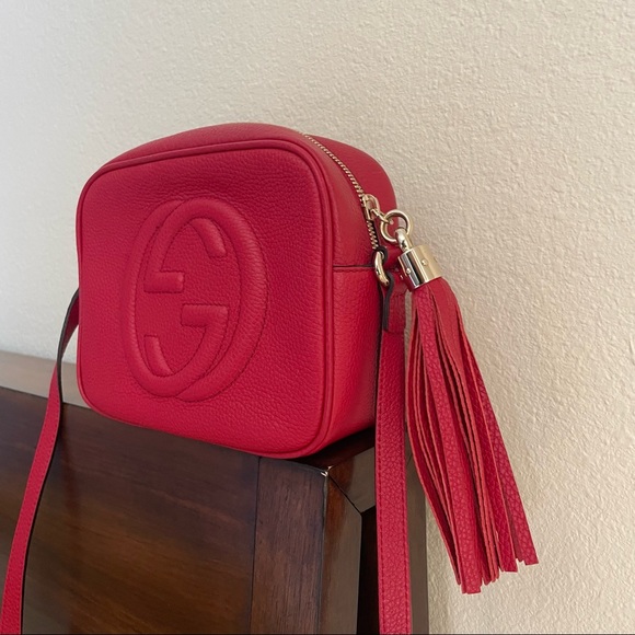 Gucci Genuine Soho GG Logo Camera Embroidered Red Pebble Leather Cross Body Bag - Picture 2 of 12